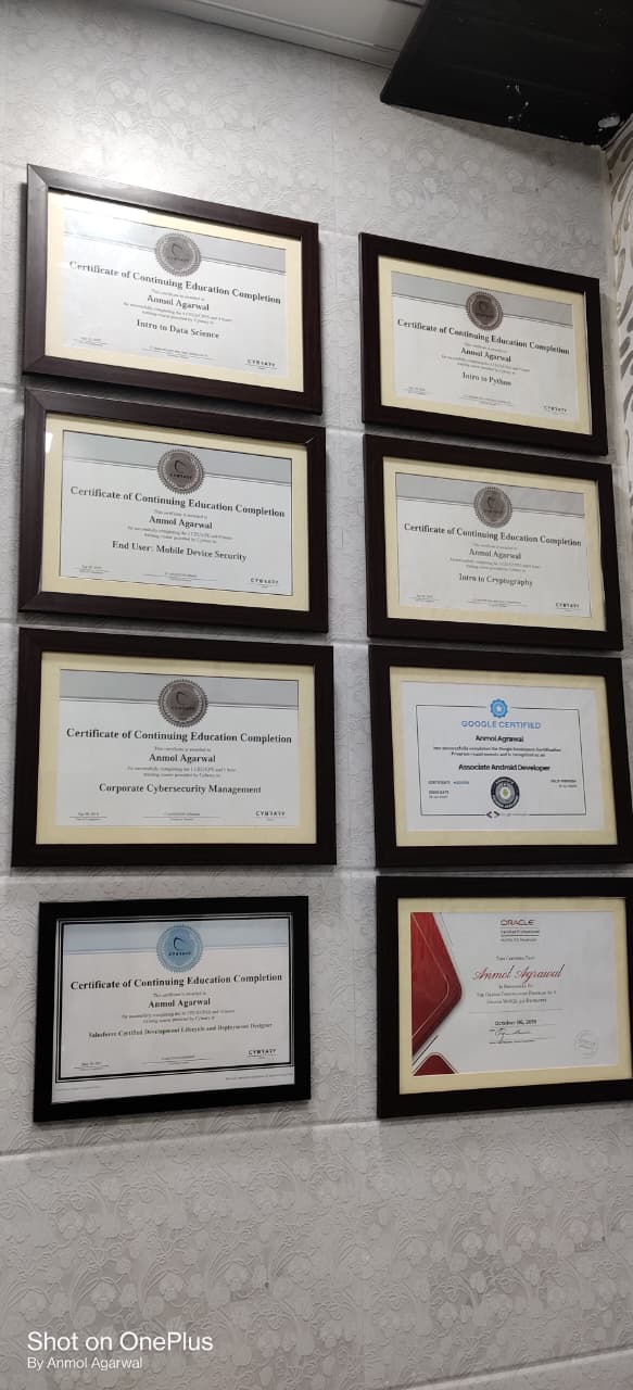 Certificate wall Ramnagar office