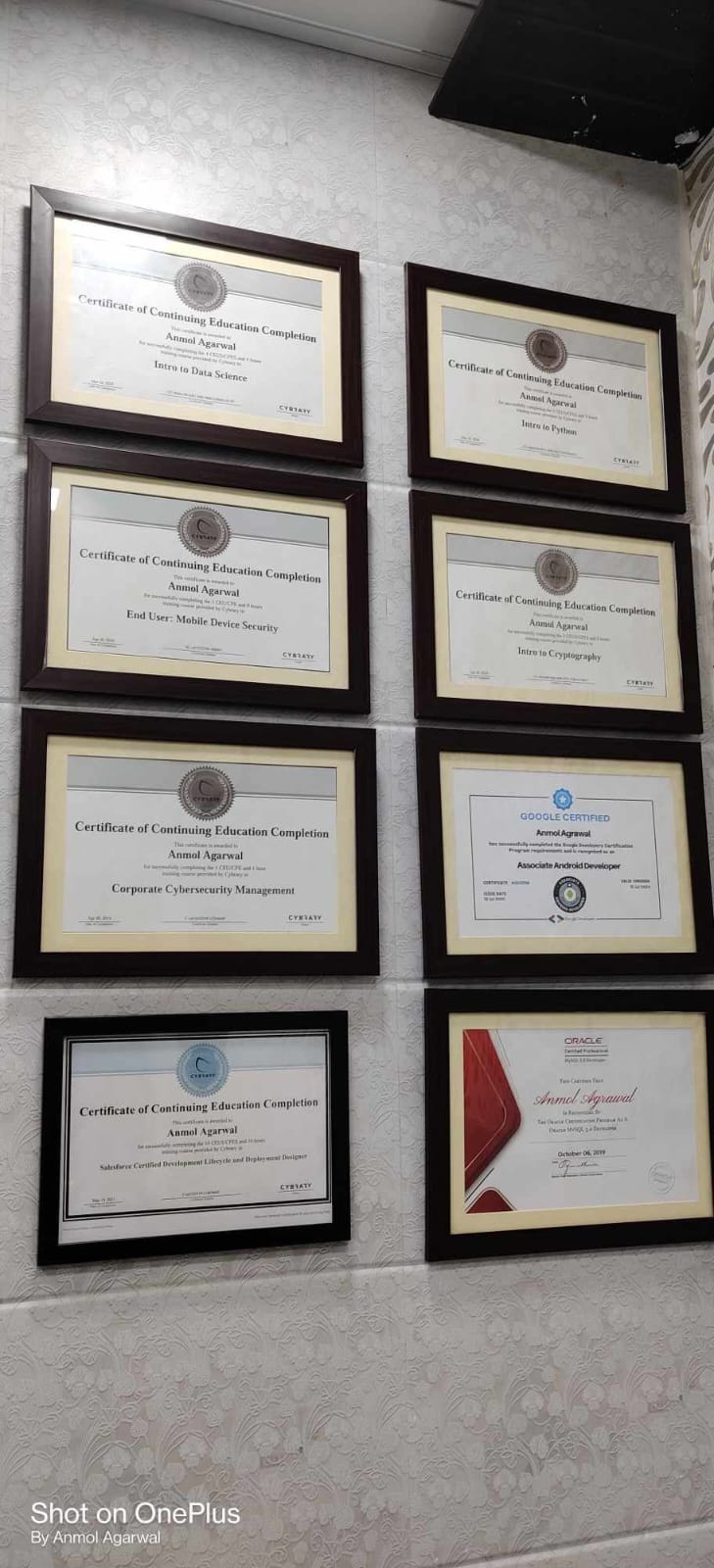 Eight framed certificates Google Oracle
